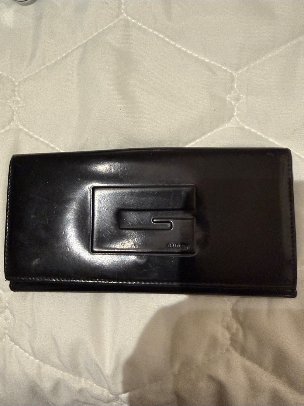 Gucci Black Patent Leather Women's Continental Wallet with G Accent
